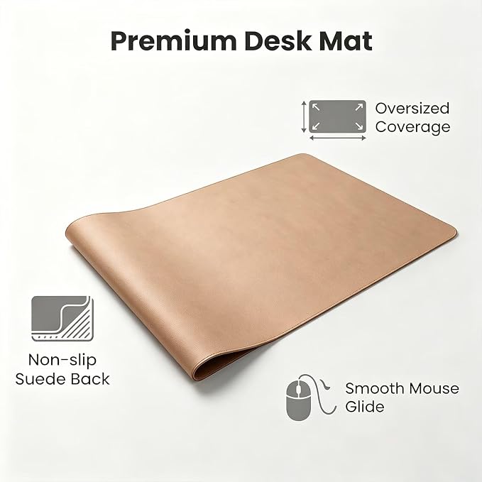 11.5" x 28.5" Waterproof Leather Desk Pad, Anti-Slip Base, Stitched Edges No Curling, Fits Laptop Keyboard and Mouse, Smooth Office Surface Mouse Mat for Work, Khaki
