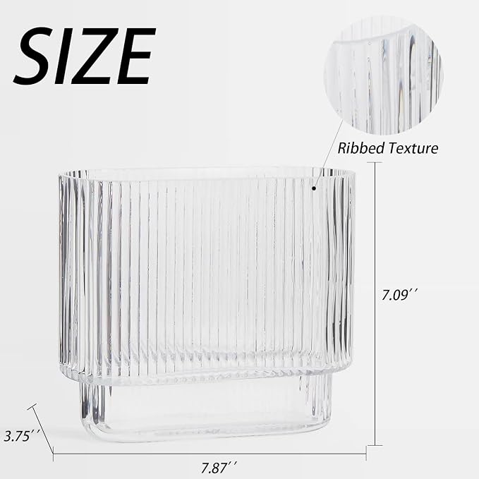 Ribbed Vase, Fluted Glass Vase for Flowers, Clear Flower Vases for Tulips, Modern Vases for Living Room, Dining Table, Office, Bedroom, Mantle, Shelf, Wedding, 7 Inch