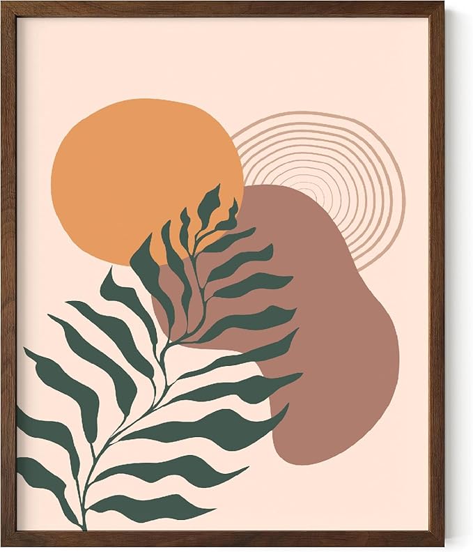 Boho Monstera Leaf Wall Art Abstract Sun Earth Tones Terracotta Mid Century Modern 8x10 Inch Oak Wood Walnut Framed Minimalist Botanical Print for Living Room Office