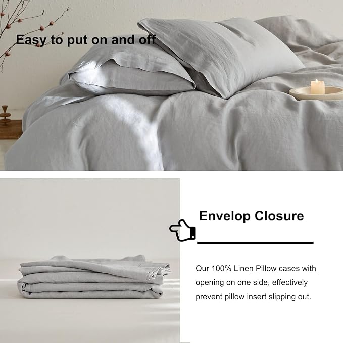 TOSMO Linen Duvet Cover Set, 100% French Flax Natural Linen Bedding 3pcs Set, Soft Breathable for Hot Sleepers 1 Duvet Cover and 2 Pillowcases (Mist Grey, King)