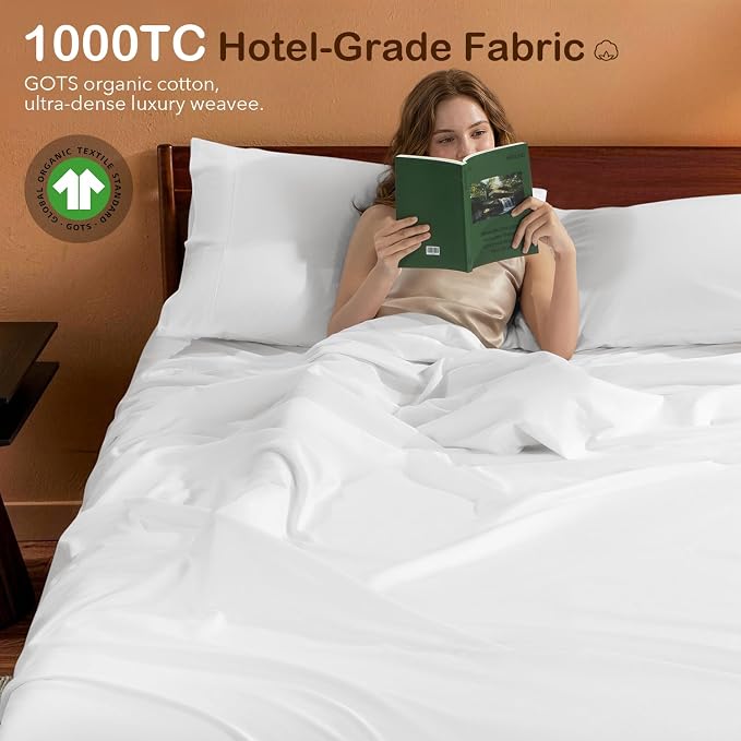 SONORO KATE 100% Organic Cotton Sheets Set - 1000 High Thread Count, GOTS Certified Long Staple Cotton Bed Sheets, Soft, Breathable 5-Star Hotel Sheets, 16" Deep Pockets - 4 PC (White,King)