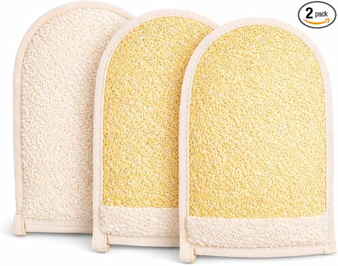 Egyptian Loofah Sponge, Large Double-Sided Exfoliating Mitt | Natural Wearable Shower Gloves With Soft And Firm Textures For Deep Body Scrubbing (2 Count)