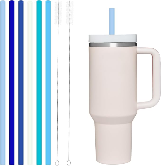 6 Pack Reusable Silicone Straws Compatible with Stanley 40oz 30oz 20oz Tumblers, 12.2" Long x 0.374" Diameter BPA-Free Drinking Straws with 2 Cleaning Brushes, Flexible Cuttable Teeth-Friendly