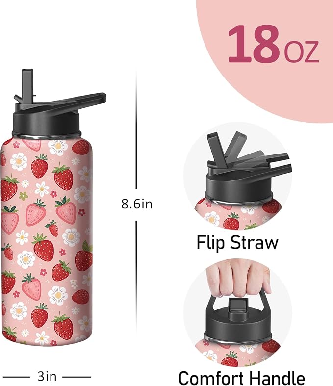 18oz Pink Strawberry Water Bottle with Handle and Flip Straw, Sports Stainless Steel Insulated Cup Travel Coffee Mug Tumbler, Birthday Mothers Day Chritmas Gifts for Women