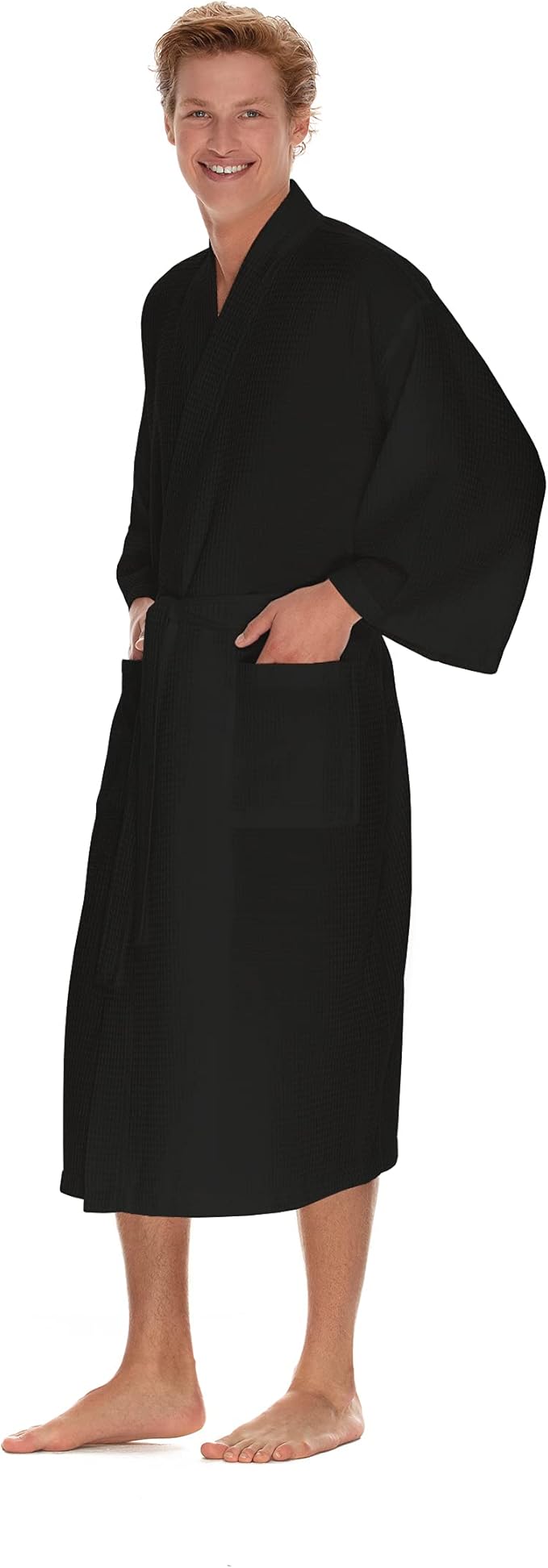 Men's Waffle Robe by BOCA TERRY, Waffle Knit Spa Robe, Long Lightweight Cotton Kimono Hotel Bathrobe