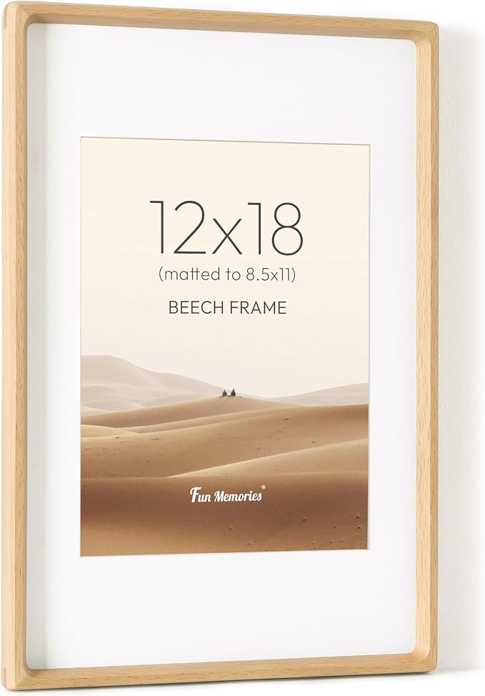 12x18 Poster Frame, USA-Sourced Beech Wood Picture Frame with HD Tempered Glass, Handcrafted Rounded Corner 12 x 18 Wooden Frames Matted to 8.5x11 Photos, Horizontal or Vertical Wall Display