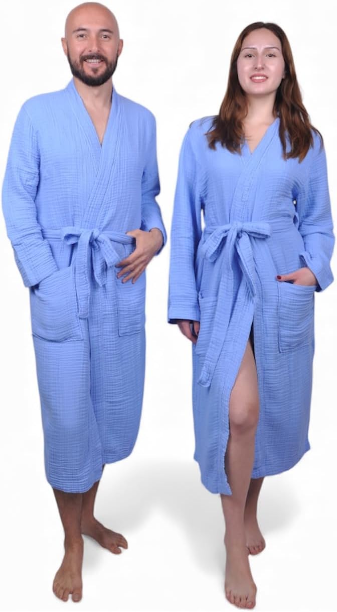 Muslin Bathrobe - Cotton Gauze Robe for Women and Men - Lightweight Breathable Summer Kimono - Boho Spa/Maternity Robe