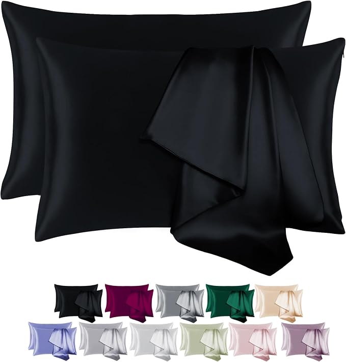 100% Mulberry Silk Pillowcase 2 Pack for Hair and Skin,with Hidden Zipper,Both Sides 19 Momme 600 Thread Count Natural Silk Pillow Cover,Soft Breathable Smooth (Black, Queen 20''x30'')
