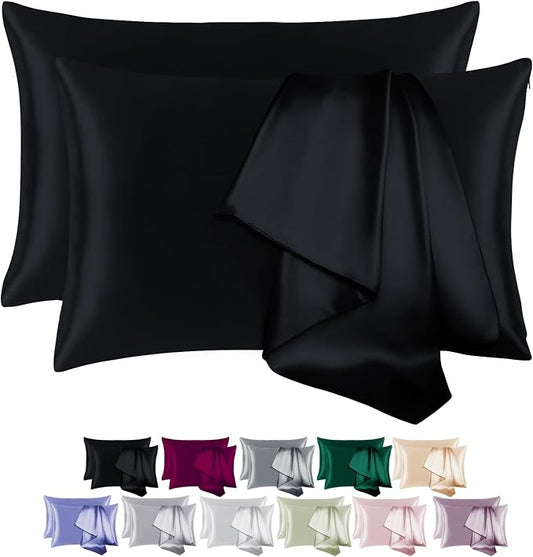 100% Mulberry Silk Pillowcase Set of 2 for Hair and Skin,with Hidden Zipper,Both Sides 19 Momme 600 Thread Count Natural Silk Pillow Cover,Soft Breathable Smooth (Black, King 20''x36'')