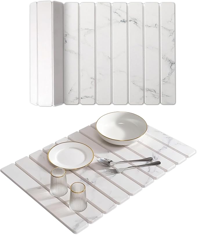 Large Stone Dish Drying Mat, Collapsible Stone Drying Mat for Kitchen Counter 24"(L)×16"(W) Absorbent Diatomaceous Earth Drying Mat, Quick Dish Drying Mats for Cups Dishes Bathroom Marble Pattern