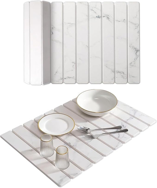 Large Stone Dish Drying Mat, Collapsible Stone Drying Mat for Kitchen Counter 24"(L)×16"(W) Absorbent Diatomaceous Earth Drying Mat, Quick Dish Drying Mats for Cups Dishes Bathroom Marble Pattern
