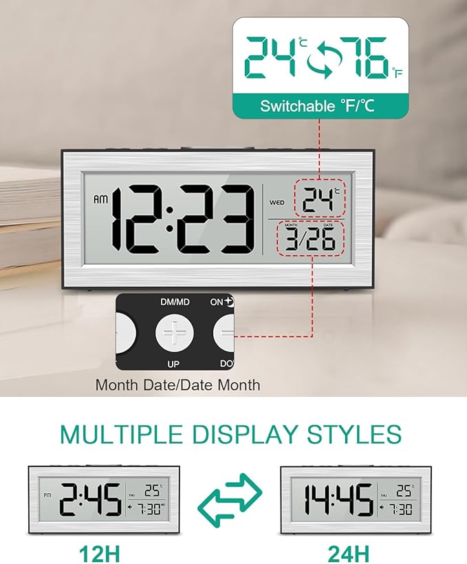 ORIA Battery Operated Digital Clock, Small Travel Alarm Clock with Auto Dimmer, Date, Temp & Week, Bedside Desk Clock with LCD Display for Bedroom, Office, Batteries Included