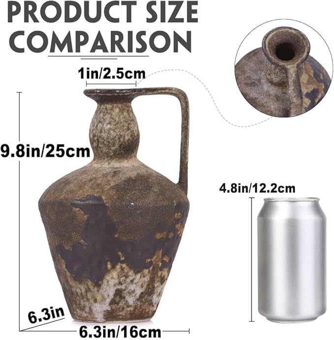 Wabi Sabi Rusty Vintage Vase, 9.8" Tall Wabi Sabi Decor Rustic Farmhouse Pottery Vase for Centerpiece, Textured Pottery Flower Vases for Home Decorative, Table, Living Room, Bedroom, Bathroom, Kitchen