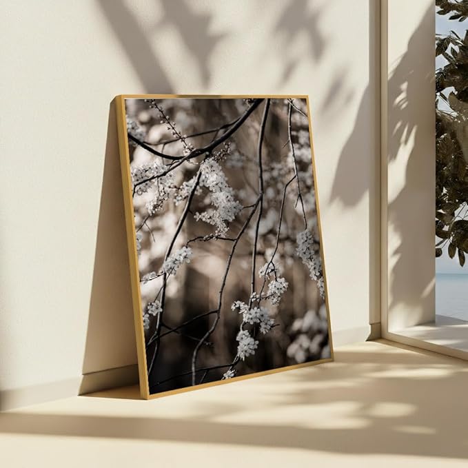 Monem Art Cherry Blossom Branch Photography Print - Moody Botanical Nature Art Poster - Wall Decor for Living Room, Bedroom or Office - 12x16 Gold Framed CANVAS Wall Art by Mareike Bohmer