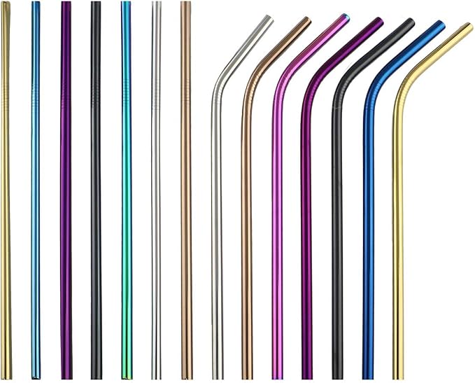 Metal Straws Stainless Steel Straws 8.5" Drinking Straws Reusable 4 Set - Ultra Long Muti Color-Cleaning Brush for 20/30 Oz for Trail Tumblers Yeti RTIC SIC Ozark (4 Bent|1 Brush）