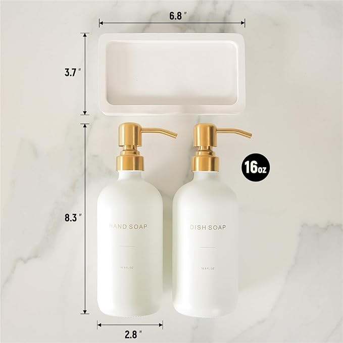 Liquid Dispenser Soap Dispenser Set Glass with Stainless Steel Pump Countertop Soap Bottle(White Bottle+Gold Pump)