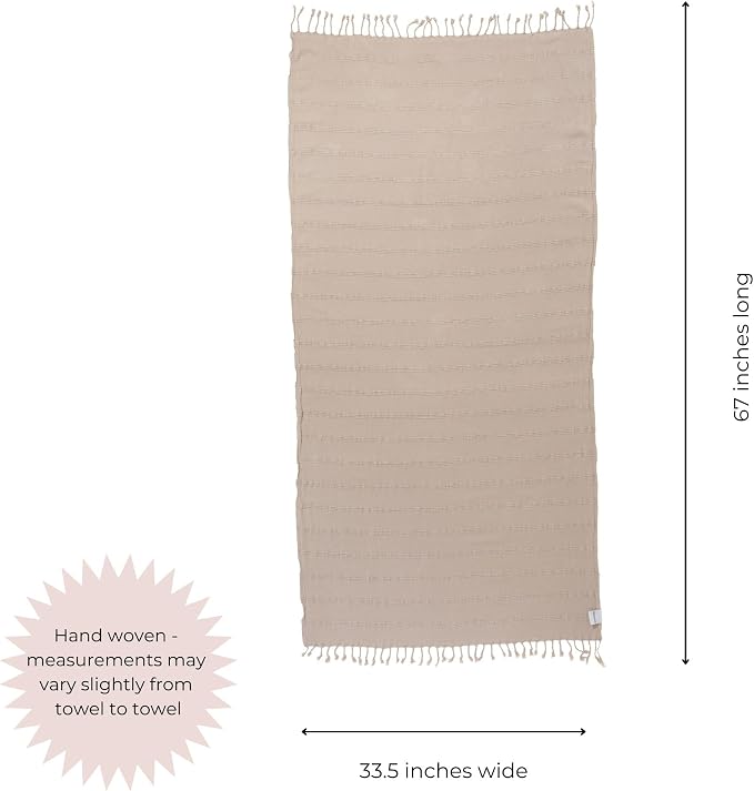 InfuseZen Stonewashed Turkish Cotton Bath and Beach Towel - Beige | 100% Organic, Thin, Soft, Lightweight, Absorbent, Quick-Drying, Large Peshtemal, Sand-Resistant for Shower, Pool, Spa, Travel