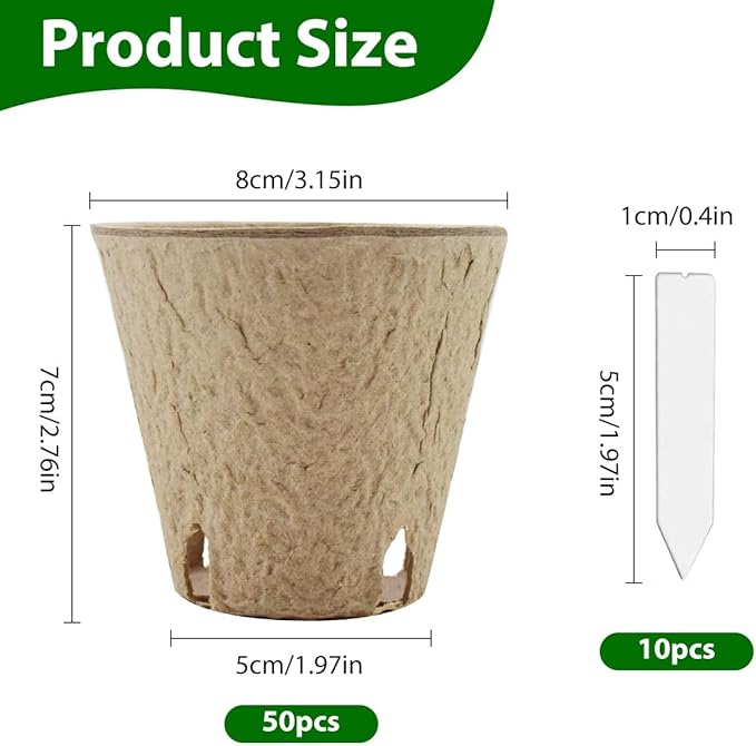 3.15 Inch Seedling Peat Pots, Biodegradable Seed Starters with Drainage Holes for Indoor Outdoor Plant Growing (50 Pack)