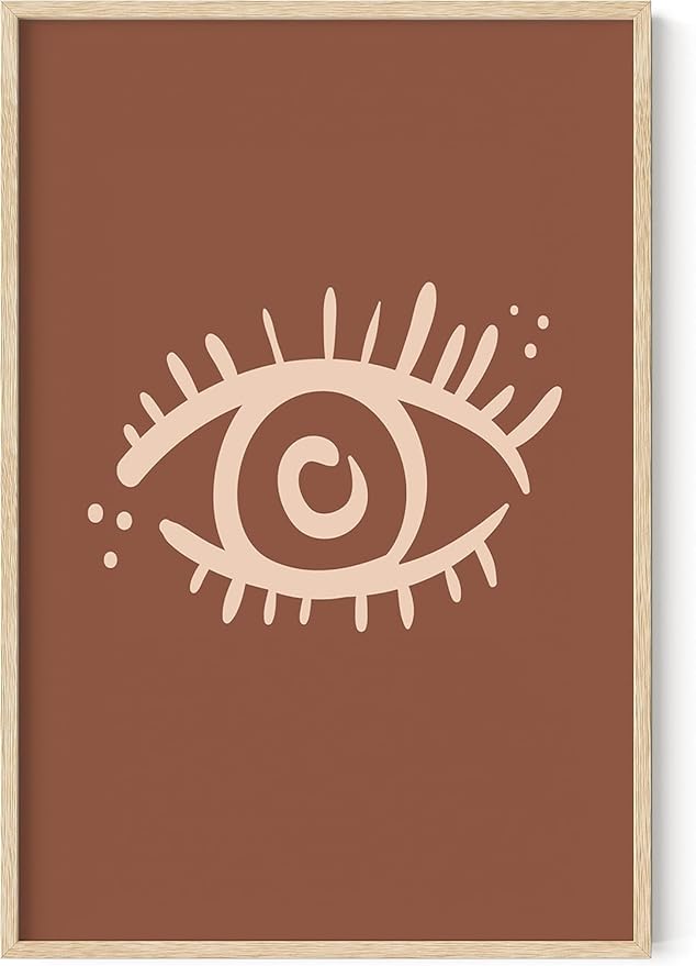 Mystical Evil Eye Wall Art Nazar Protection Symbol Earth Tones Terracotta Mid Century Modern 24x36 Inch Oak Wood Beige Framed Boho Spiritual Decor Print for Home