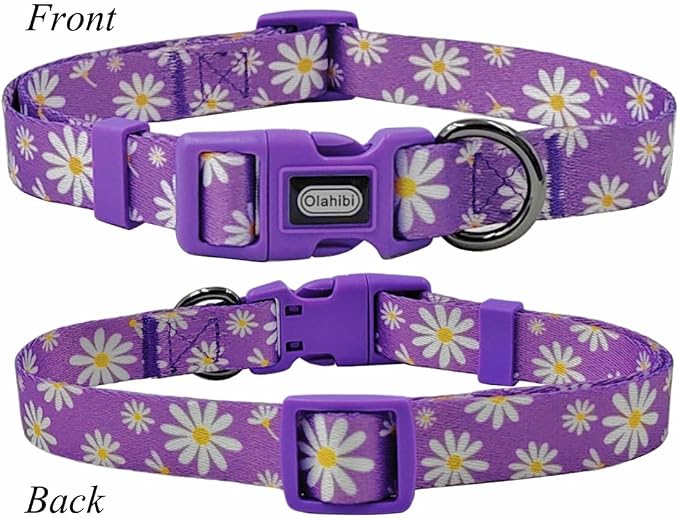 Dog Collar Leash Set, Floral Pattern, Polyester Material, Adjustable Collar and 5ft Matching Leash, for Small Dogs.(S, Purple Daisy)