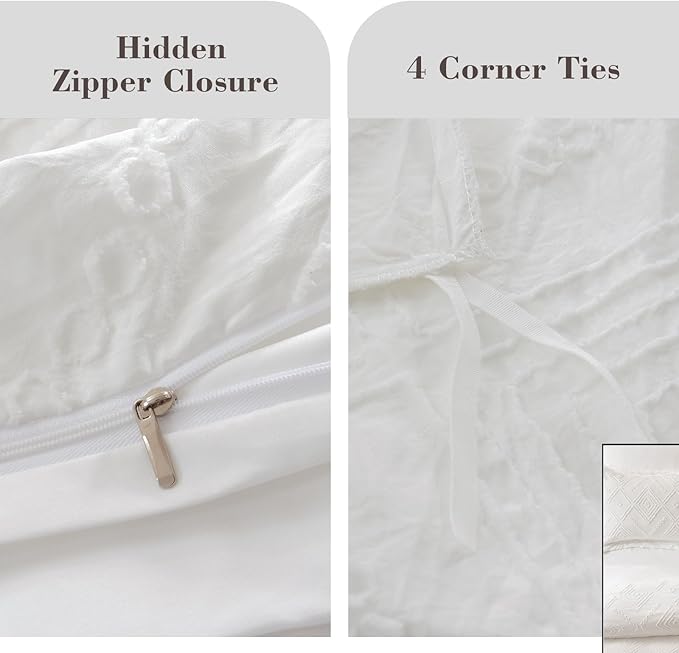 EMME White Boho Duvet Cover Twin, 2 Pieces Tufted Comforter Cover Set, Boho Embroidery Bedding Sets for All Seasons, 1 Duvet Cover + 1 Pillowcase (White, Twin)