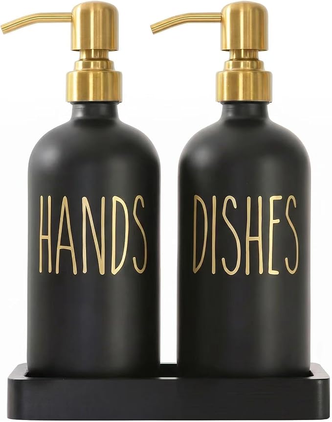 MOMEEMO Black and Gold Soap Dispenser for Kitchen Sink, Hand and Dish Soap Dispenser Set with Ceramic Tray, Suitable for Black and Gold Kitchen Decor. (Black & Gold)