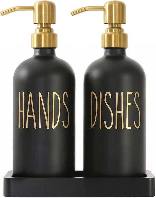 MOMEEMO Black and Gold Soap Dispenser for Kitchen Sink, Hand and Dish Soap Dispenser Set with Ceramic Tray, Suitable for Black and Gold Kitchen Decor. (Black & Gold)