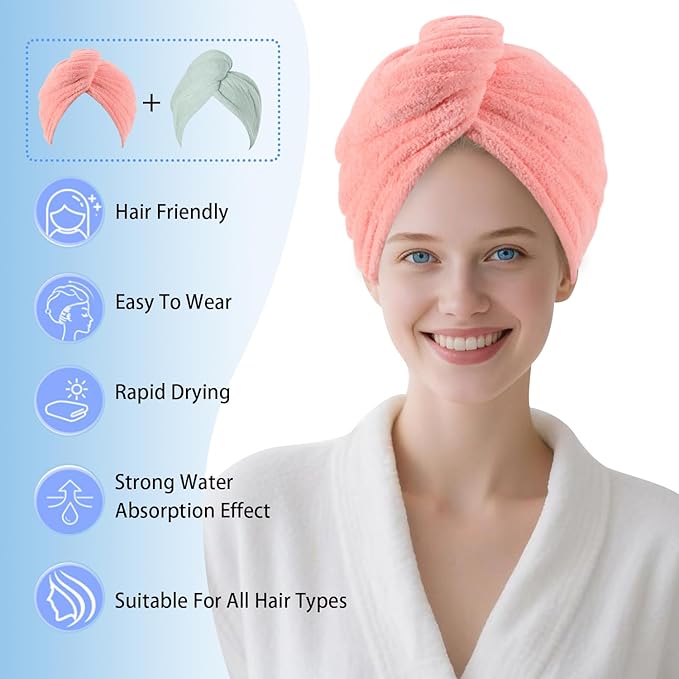 Microfiber Hair Drying Towel Wrap for Women, Hair Turbans Towel for Wet Hair,turbie Twist Hair Towels(The Color of the Picture is for Reference only) (Light Green,Pink)