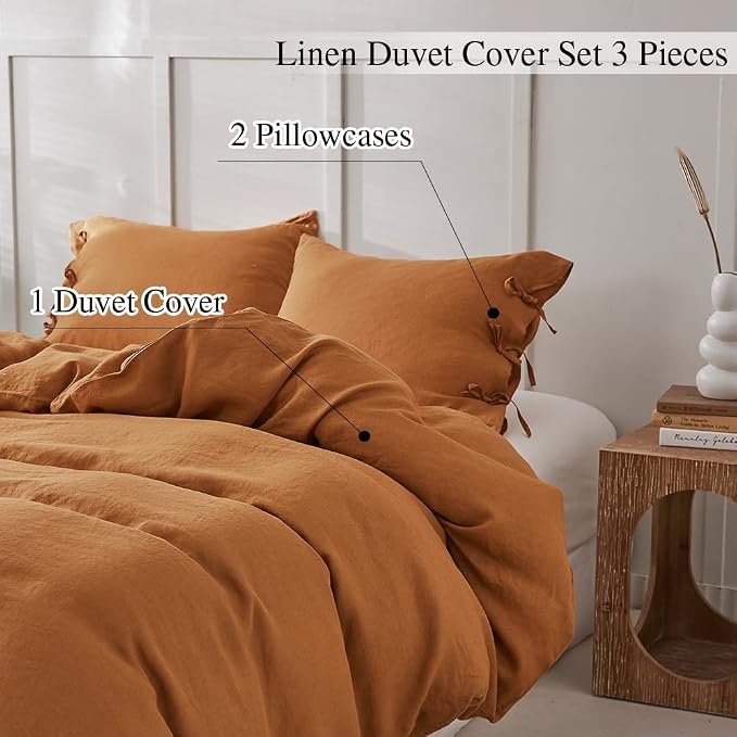 Simple&Opulence 100% Linen Duvet Cover Set 3pcs with Bowknot Ties Closure Natural French Washed Flax Solid Color Soft Breathable Farmhouse Bedding - Rust, Queen Size