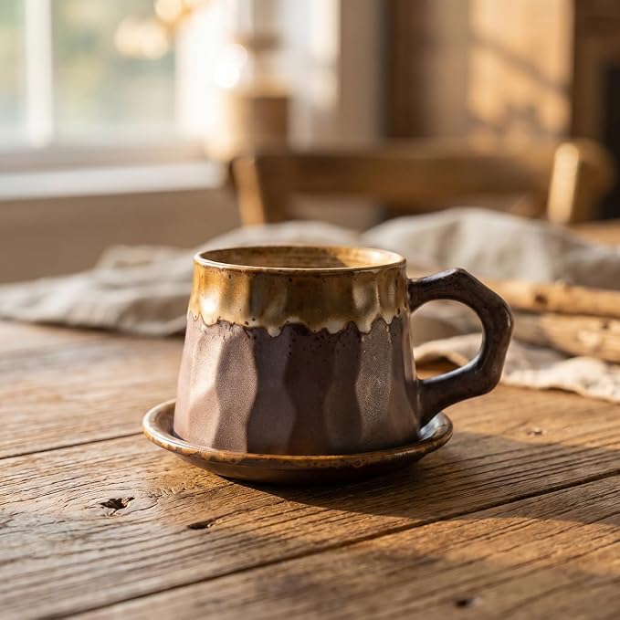 Vintage Faceted Speckled Ceramic Coffee Mug with Saucer, Rustic Stoneware Cup for Tea Latte (YF-CS04)