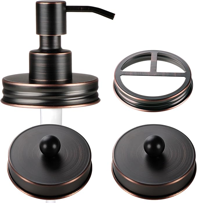 3PACK Amber Glass Qtip Holder+ Mason Jar Bathroom Accessories Lids Set(4pcs)-Oil Rubbed Bronze