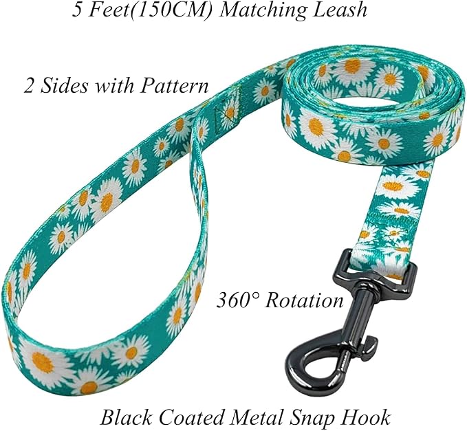 Dog Collar and Leash Set, Cute Daisy Pattern, Polyester Material, 5ft Leash, for Puppy Dogs.(Extra Small,Green Daisy)
