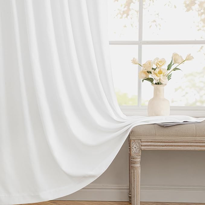 MIULEE Non-See-Through Privacy Linen Curtains 2 Panels, Light Filtering Window Curtains Farnhouse Textured Back Tab Semi Sheer Drapes for Bedroom Living Room, 52 x 63 Inches Long, Pure White