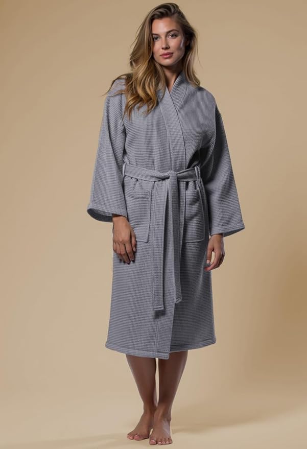 Turquaz Lightweight Waffle Knit Kimono Bathrobe - Soft Cotton Blend Spa Robe, Fast-Drying Full-Length Unisex Robes for Women