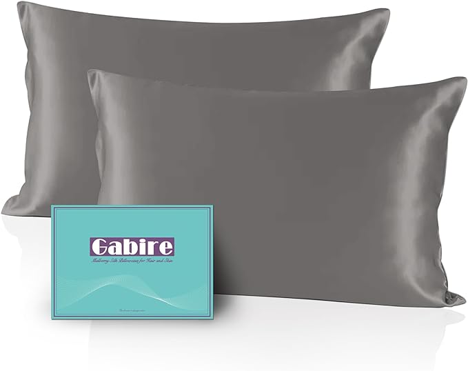 Gabire Mulberry Silk Pillow Cases Set of 2, Both Sides Real Silk Pillowcase for Hair and Skin Prevent Acne Pillowcase Organic Silk Pillow case 2 Pack with Hidden Zipper, Grey, Standard (20"×26")