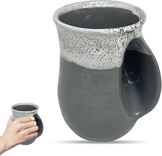 Clay in Motion Hand Warmer Coffee Mug – Handmade Coffee Mug With Comfortable Handle Contoured Pocket Hand Warming Ceramic Coffee Mug – Proudly Made in USA – Right Handed – 14 Oz - Snowcap