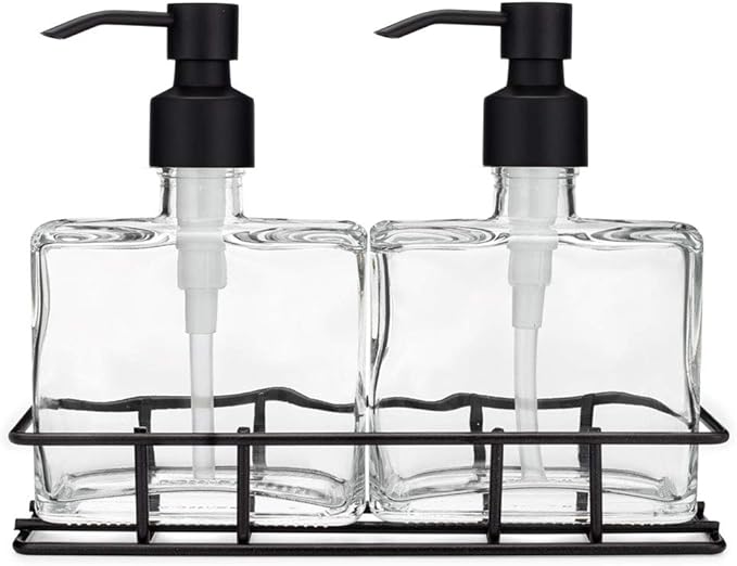 Rail19 Urban Glass Hand and Soap Dispenser Set - Includes Metal Stand Caddy, 8.5oz (Cali Black)