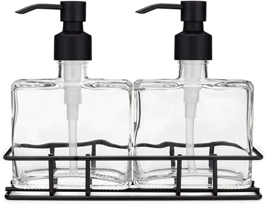 Rail19 Urban Glass Hand and Soap Dispenser Set - Includes Metal Stand Caddy, 8.5oz (Cali Black)