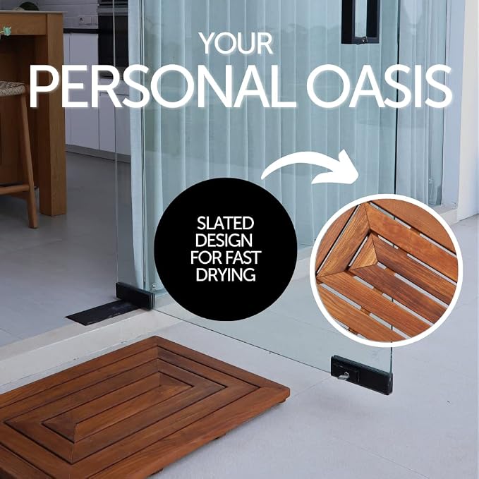 Nordic Style Premium Teak Shower and Bath Mat for Indoor and Outdoor Use - Non-Slip Wooden Platform for Spa, Sauna, Pool, Hot Tub - Flooring Decor and Protector (Oiled Finish, 31.4" x 19.6")