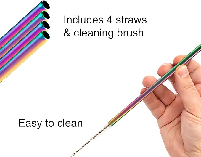 HIC Kitchen Reusable Rainbow Drinking Straws, 18/8 Stainless Steel, Set of 4 Straws with Cleaning Brush