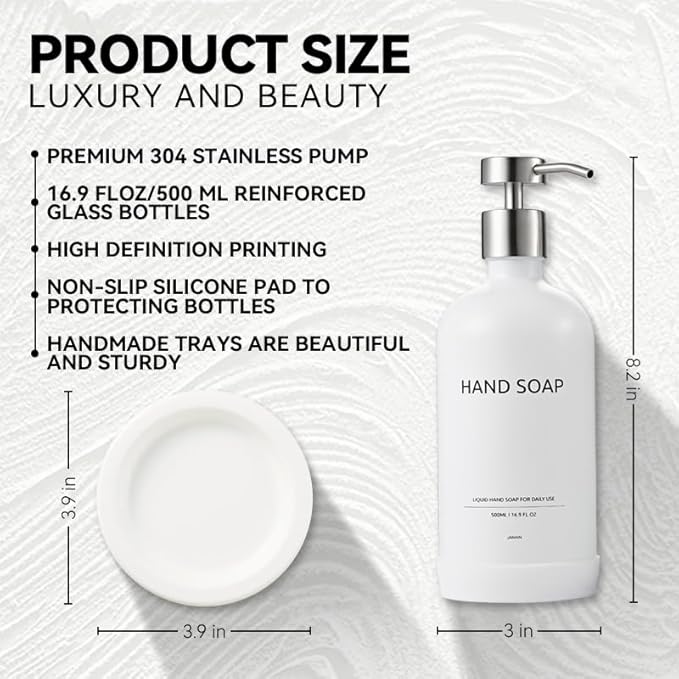 Glass Soap Dispenser Bathroom Set by Janxin, Foaming Kitchen soap Dispenser with Ceramic Tray for Dish Soap, Liquid Soap Dispenser for Hand Soap, Lotion, Body Wash (White+Silver)