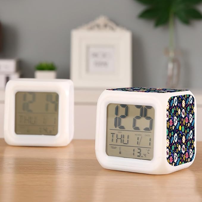 Digital Alarm Clock,Skull with Flowers 7 Color Change LED Digital Alarm Clock with Date Thermometer for Toddlers,Girls and Boys