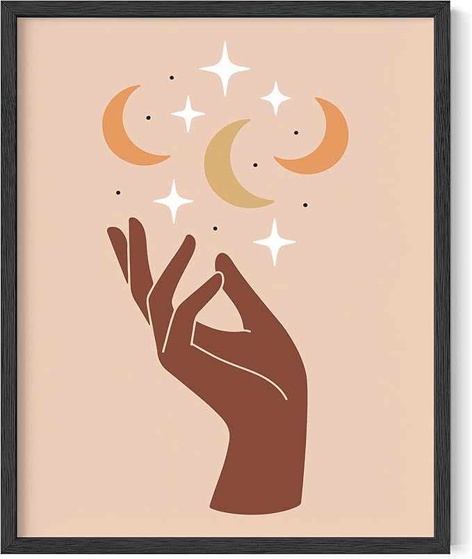 Mystical Hand Wall Art Celestial Moon and Stars Print Earth Tones Terracotta Mid Century Modern 16x20 Inch Oak Wood Black Framed Spiritual Decor for Bedroom