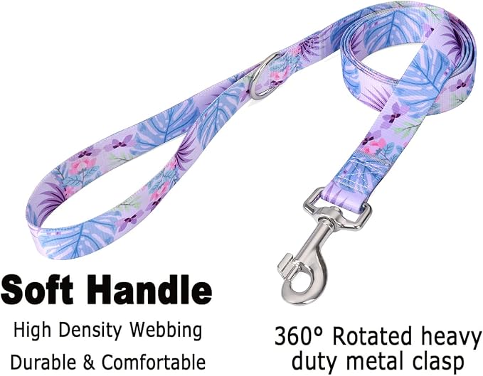 Mihqy Dog Collar and Leash Set with Bohemia Floral Tribal Geometric Patterns - Soft Ethnic Style Collar Adjustable for Small Medium Large Dogs(Purple Flower Flower Set,M)