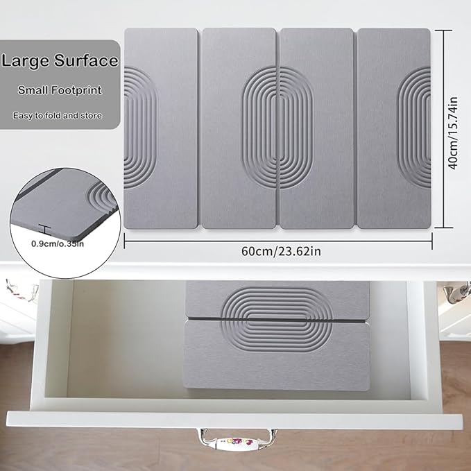 23.6"×15.7" Diatomaceous Earth Stone Dish Drying Mat, Foldable Super Absorbent Quick Dry Non-Slip Eco-Friendly Pad for Kitchen Counter, Dishes, Cups, Bottles & Utensils, Light Gray