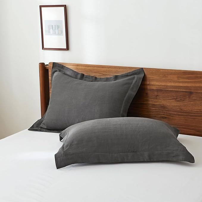 100% French Linen Pillow Shams Basic Style - Pack of 2 - Washed Solid Color Natural Flax Soft Breathable - Dark Grey, 20'' x 36''