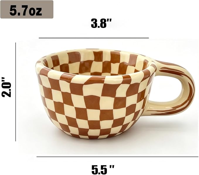 Ceramic Coffee Mug 5.7Oz Small Checkered Coffee Cups Alpine Pattern Hot Chocolate Cup Handmade Checkerboard Latte Mug Aesthetic Gift for Coffee Lovers Microwave Safe,Brown checkered
