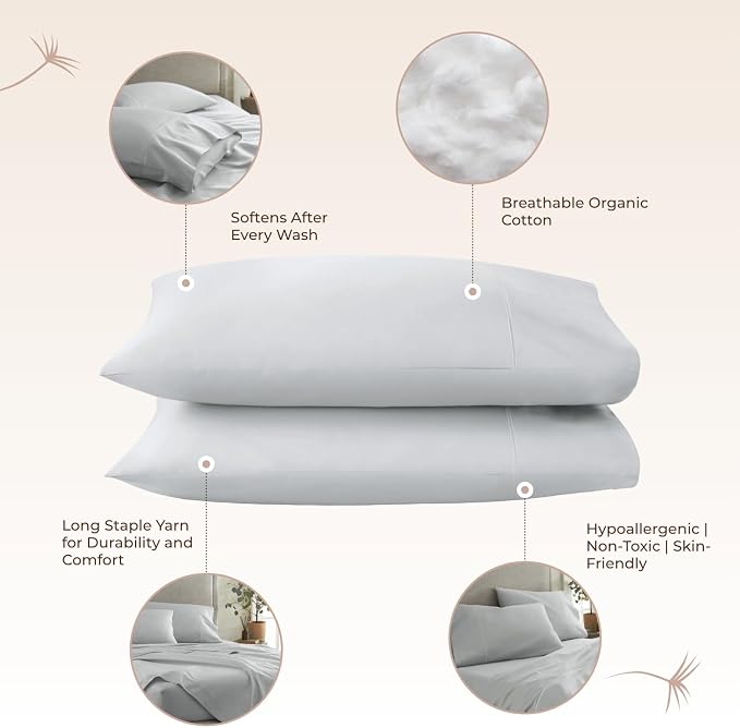 100% Organic Cotton Pillow Cases Queen Size Set of 2-100% Cotton Pillowcases GOTS Certified 300 Thread Count - Naturally Cooling Comfortable Breathable & Soft Pillow Cases (Shore, Queen)