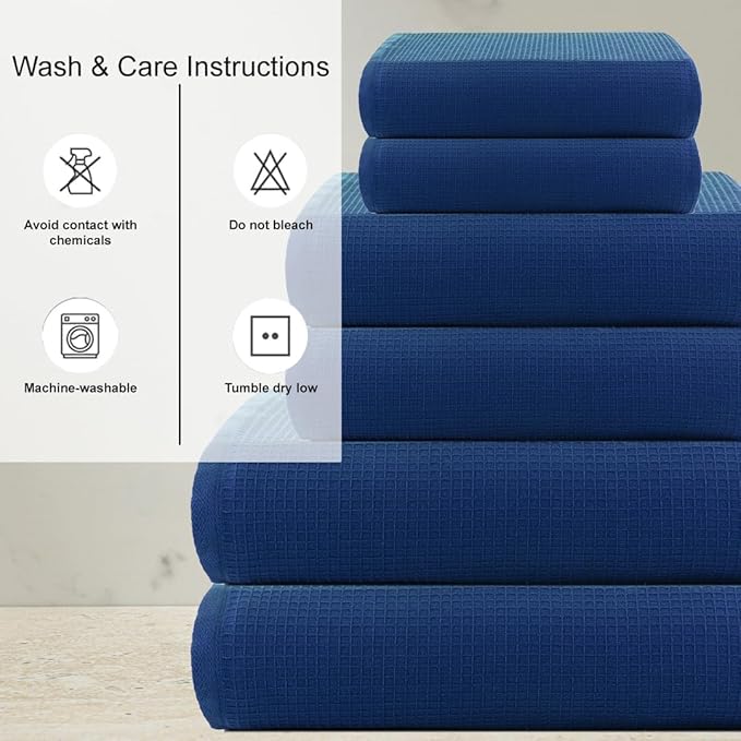 CASA COPENHAGEN Waffle 6Pcs 100% Egyptian Cotton Large Designer Towels Gift Set- Deep Blue, 2Bath 2Hand 2Washcloths, Bath Towels for Bathroom (Box Pack, Gift Set for Women & Men)