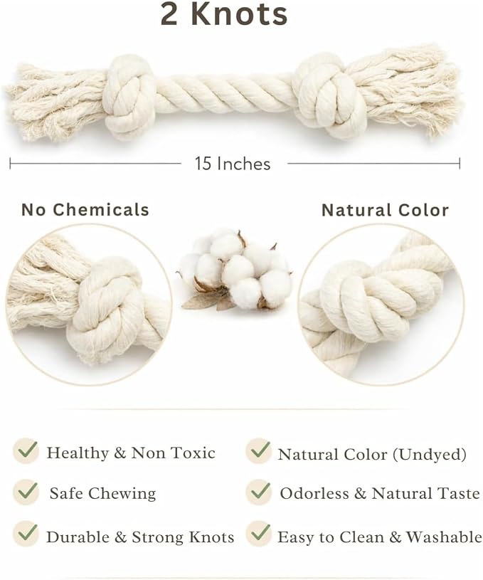 Dog Rope Toy for Aggressive Chewers, Organic Dog Toys, 15 Inch Long X 1-1/8 Inch Thick Indestructible, Heavy Duty Dog Rope Toy (2 Knots)